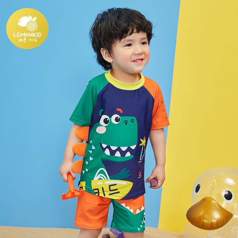 Lemonkid Children's Two-Piece Swimsuit for Boys And Girls, Baby Swimwear Set with Trunks, Navy Blue Surfing Little Dinosaur Design, Size 100