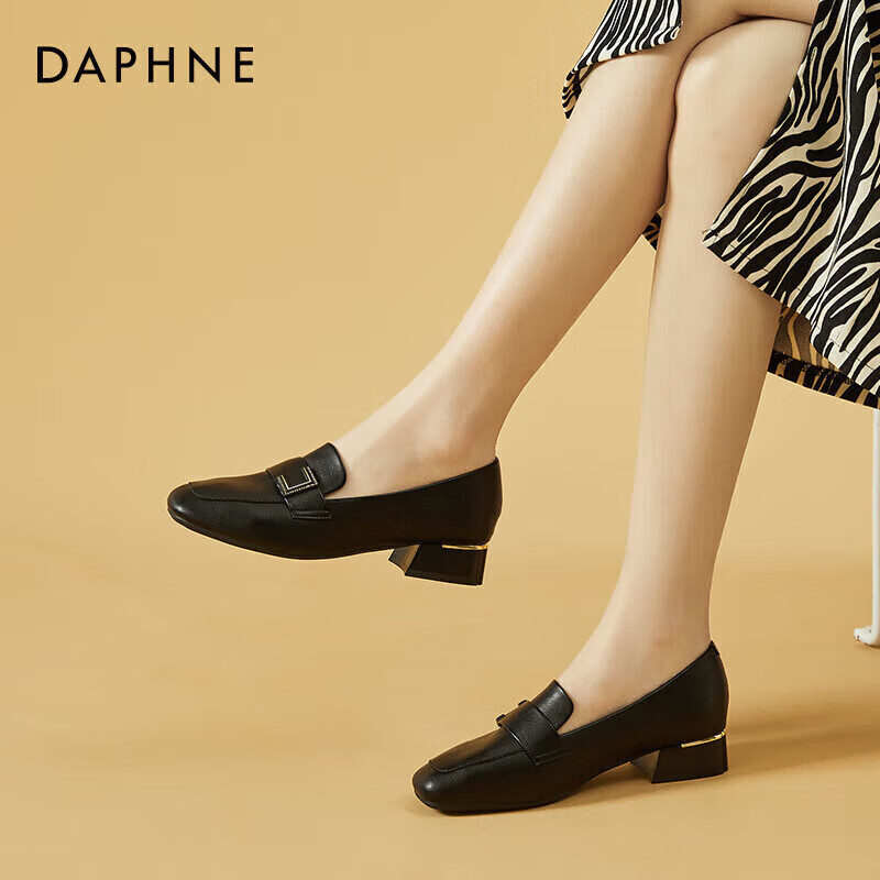 DAPHNE Women's Single Shoes, Retro Square Toe with Buckle Loafers, Chunky Heel Slimming Slip-On Commuter Shoes 4623101007 Black 36