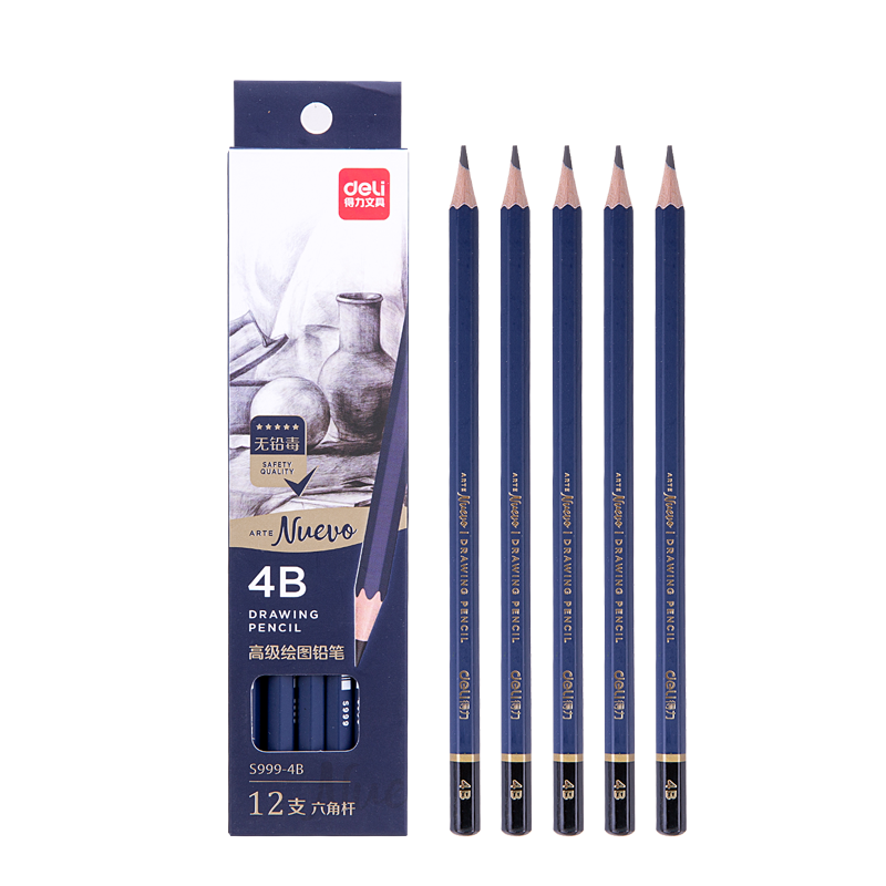 Deli Premium Drawing Pencils, 12 Pieces, 4B Sketching Pencils, Hexagonal Barrel Writing Black Pencils for Students, Art Sketching Engineering Drafting Pencils, Specialized for Beginners, Back-To Stationery