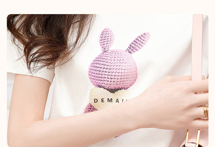Dme [Fairy Tale Town], Xiayunduo Pure Cotton Rabbit Print, Rhinestone Short-Sleeve T-Shirt for Women, Comfortable And Flattering Women's Tee 4