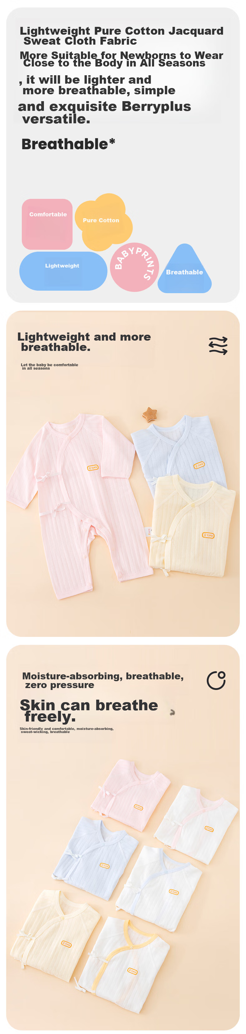 Babyprints Baby Romper 2-Piece Set, Infant All-Season Underwear, Pure Cotton Onesie, Thin Style, Soft Home Sleepwear, Yellow, Size 66 1