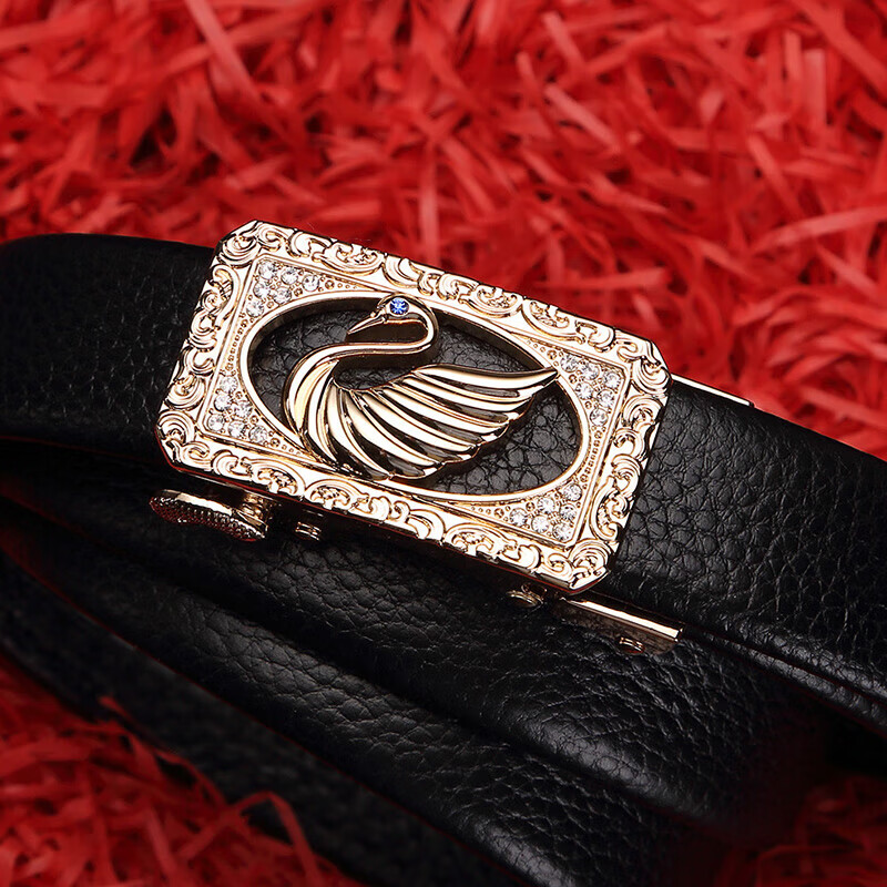 CROCODILE Swan Crystal Diamond Fashion Women's Belt, Top-Grain Leather Waistband, Women's Trouser Belt, Birthday Gift, 2666 Black