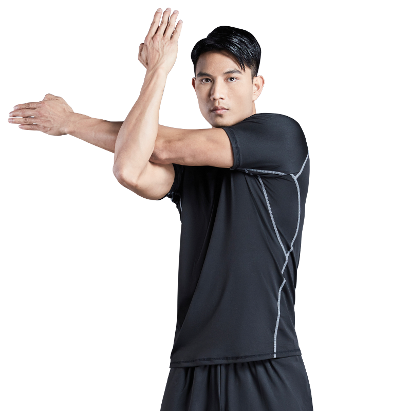 FANDIMU Men's Sports Short-Sleeve T-Shirt, Fitness Tight-Fitting Quick-Dry Breathable Training Running Shirt, Black Spliced Short-Sleeve - 3XL