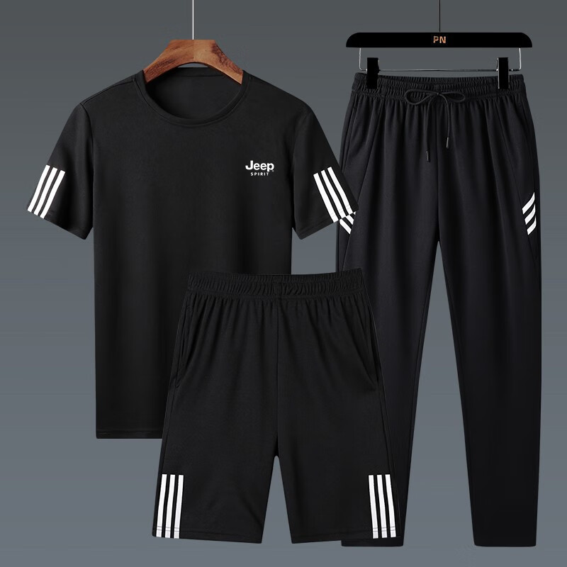 JEEP SPIRIT Men's Summer Short-Sleeve T-Shirt Set, Three-Piece Outdoor Sports Versatile Outfit, White Three-Piece Set, 2XL 27