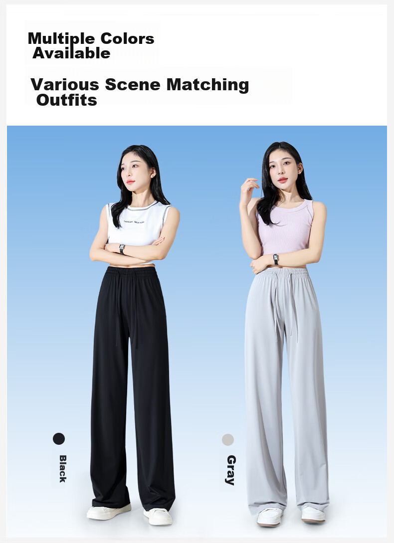 FitonTon Slim Ice Silk Sun Protection Wide-Leg Pants for Women, Summer Cool Thin High-Waist Draping Slimming Straight Casual Pants 9