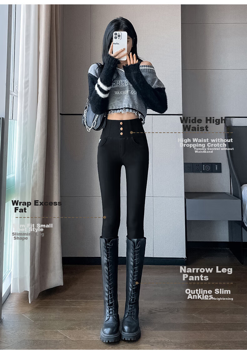FitonTon High-Waisted Leggings for Women, Outer Wear Autumn Winter Style, Black Tight-Fitting Pencil Skinny Pants with Three Buttons, Small Black Trousers, Black, Size S 8