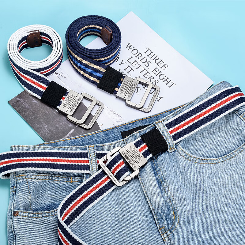 HALFEEL Men's Canvas Belt with Double Buckle, Simple Korean Style, Unique Youth Student Military Training Belt, Gift Idea