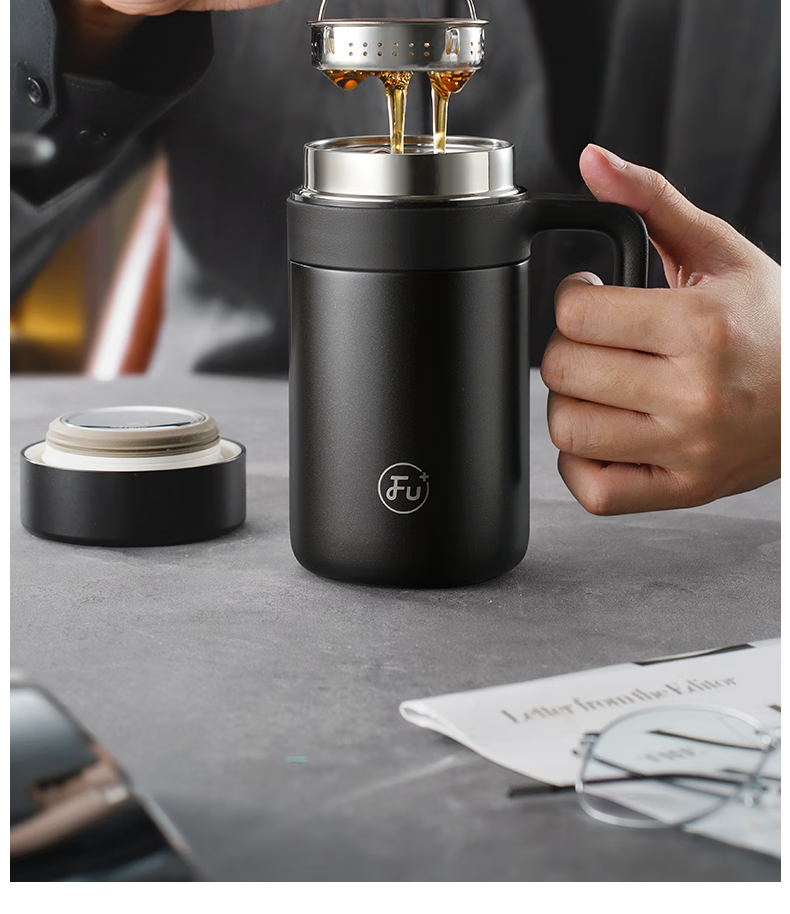 FU Insulated Tumbler for Men 316 Stainless Steel Water Bottle Tea Separator Office Cup with Handle Tea Brewing Cup Business Gift 6