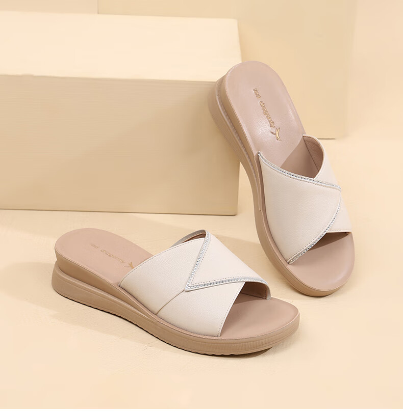 Hongqingting Mother's Day Slippers for Women, Outdoor Wear, Thick-Soled Wedge Roman Sandals, Soft-Bottomed Leather Flat Slippers, WTK233792 8