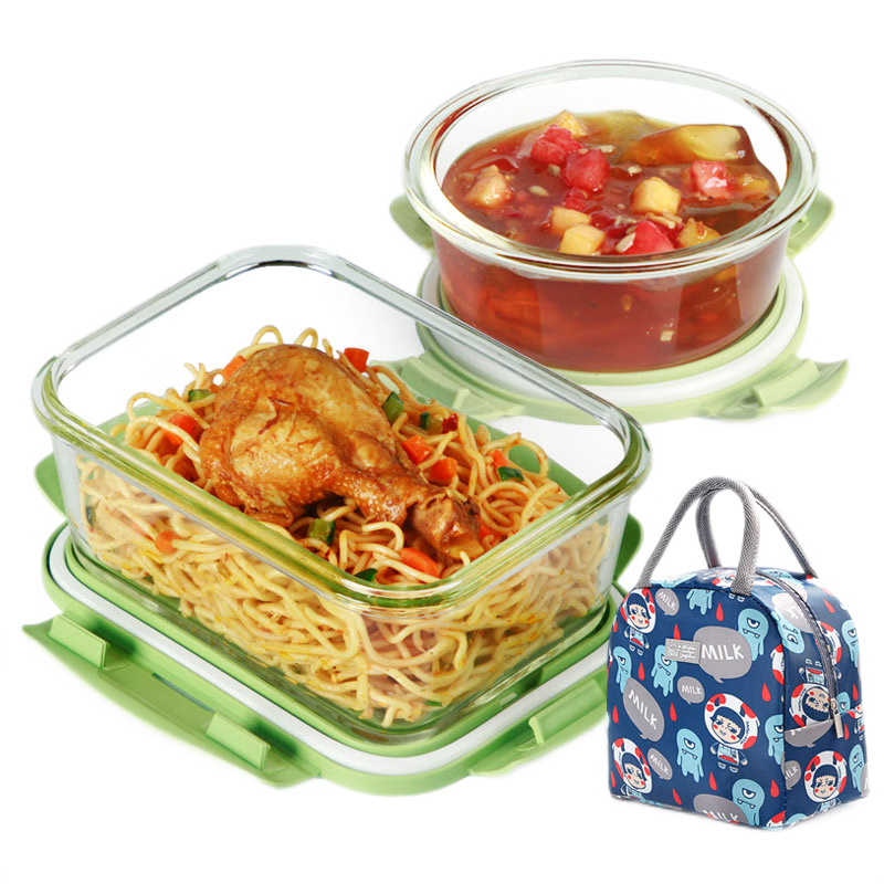 Chuangde Heat-Resistant Glass Food Storage Container, Microwave-Safe Lunch Box for Office Workers, Bento Box, Heightened 1080mm + Round 650ml + Bag