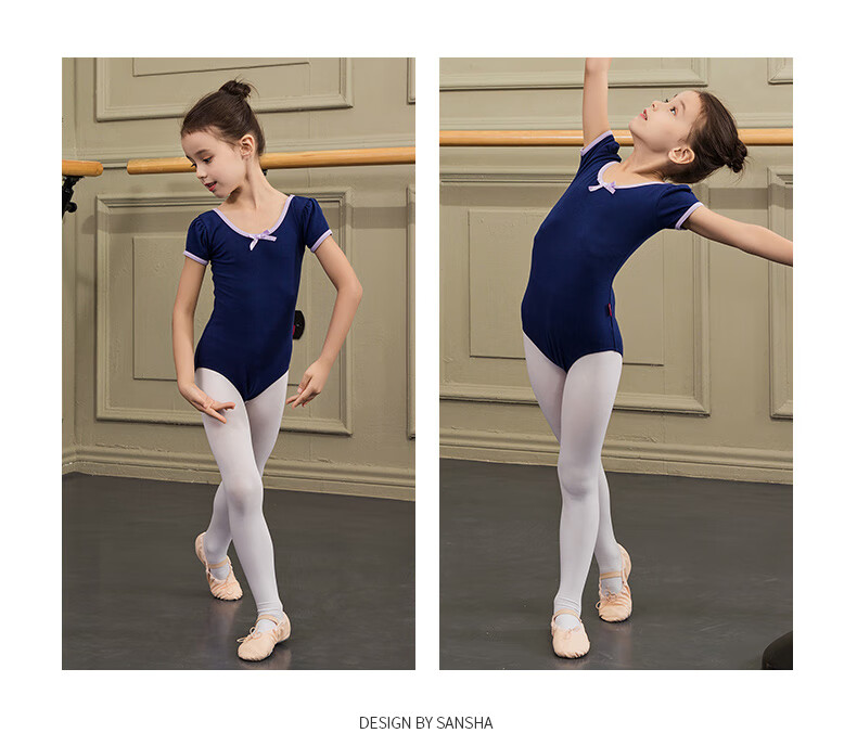 Sansha Children's Practice Leotard Short-Sleeve Ballet Dance Bodysuit Bow-Tie Performance Costume for Girls Y1613 Navy Blue M 8