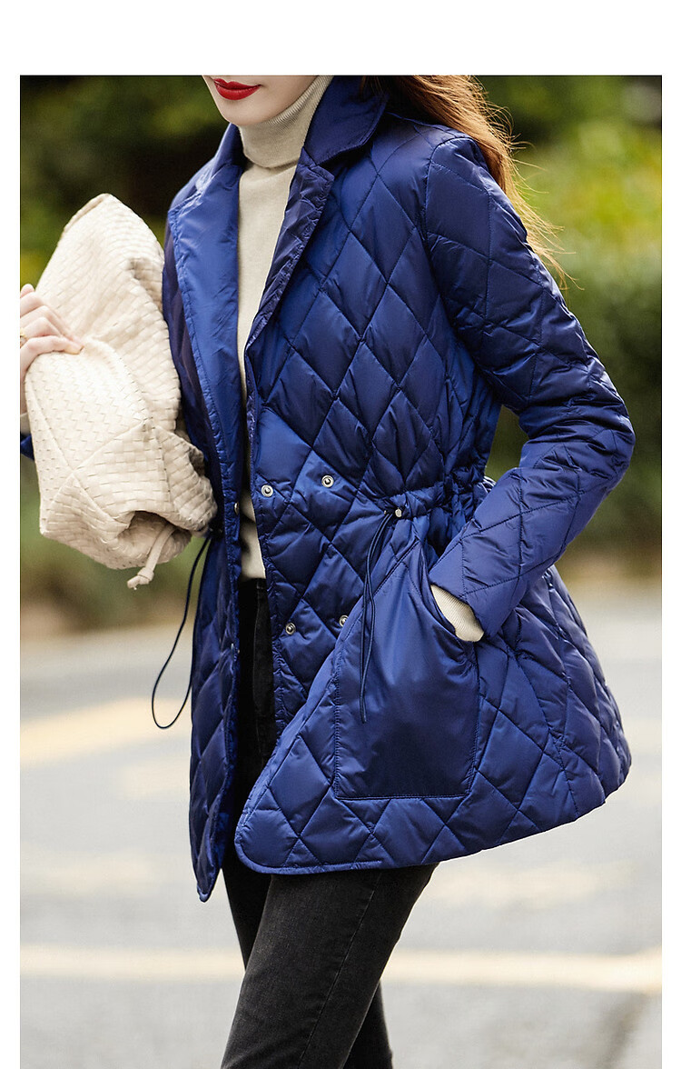 Dme Diamond Pattern Short down Jacket, Winter Commute Style, Lapel Collar, Drawstring Waist, Diamond Pattern Suit Style down Jacket for Women, Short Style 9