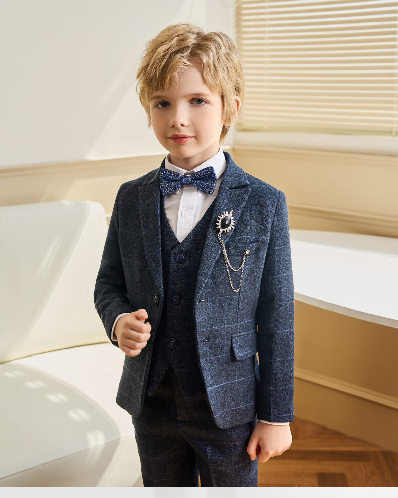 Luomeng Children's Suit Set, Boys' Host Flower Boy Formal Wear for Performances, Blue Plaid Five-Piece Set, Size 170 7