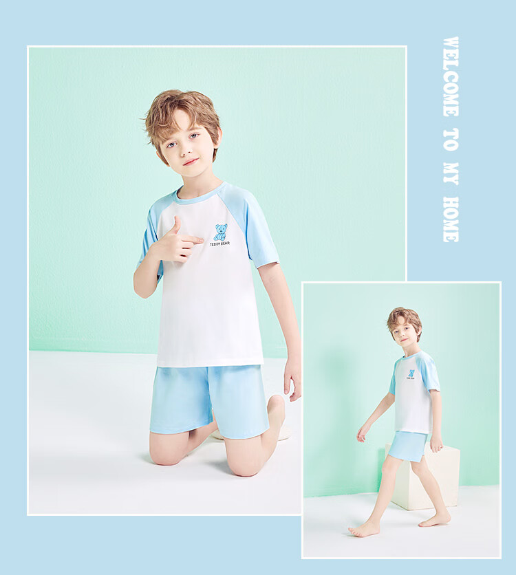LangSha Children's Pajamas for Boys, Summer Thin Breathable Pure Cotton Home Wear, Middle School Student Raglan Sleeve Short-Sleeve Set, Size 160 13