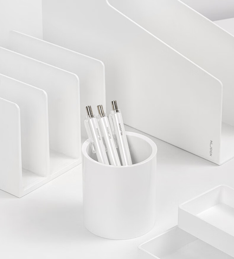 NUSIGN Round Pen Holder Office Desk High-Value Light Luxury Thickened Large Capacity Desktop Organizer Storage Box German Creative Design Office Supplies Ivory White NS023 7