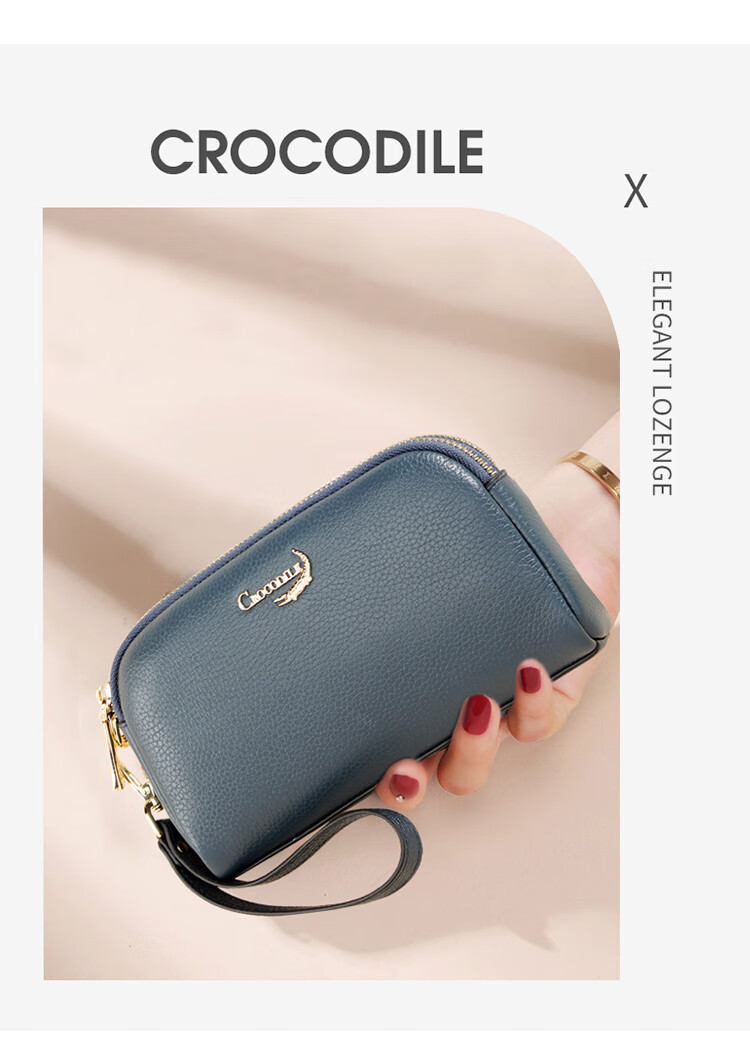 CROCODILE Goddess Festival Double Zipper Top-Grain Leather Wristlet, Women's Clutch Bag, Simple Long Wallet T2008 Black 2