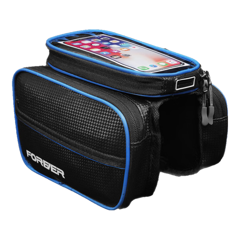 FOREVER Bicycle Handlebar Bag, Mountain Bike Front Rack Bag, Touchscreen Tube Bag in Black And Blue