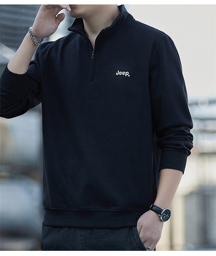 JEEP Men's Sweatshirt Spring Autumn Loose Stand Collar Long Sleeve T-Shirt Heavyweight Trendy Clothing Black L 21