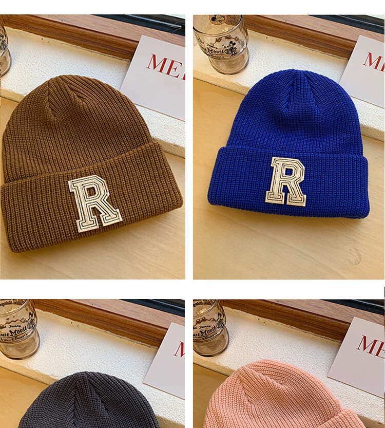 Xueqiman Women's Hat Versatile Korean Style Ins Knitted Hat Autumn Winter Letter Warm Solid Color Woolen Hat Black One Size 16