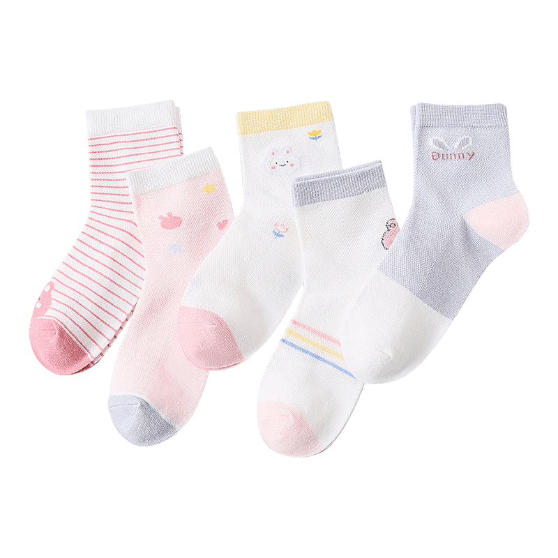 LangSha Children's Socks, Girls' Summer Mesh Mid-Calf Cotton Socks, High-Elastic Breathable Rabbit Flower Student Socks, for Older Childre