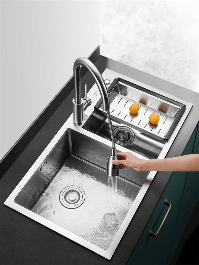 VATTI Kitchen Sink S2, Handmade Large Double Sink, Vegetable Washing Basin, Dishwashing Sink, 304 Stainless Steel, Left And Right Zones 1