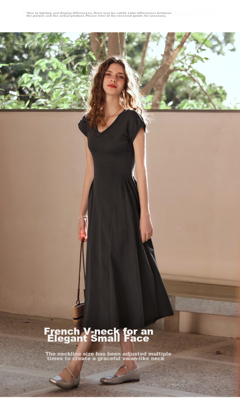 Olrain French-Style Elegant V-Neck Dark Gray Dress for Women, Summer Waist-Cinching A-Line Hem Audrey Hepburn Style, Dark Gray, Size L 20
