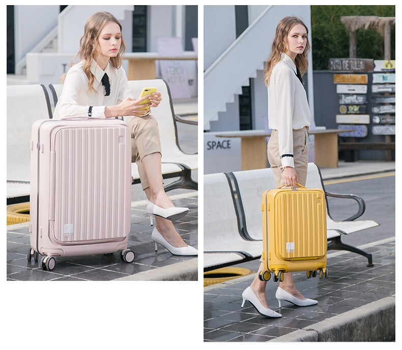 CROWN Zipper Aluminum Frame Suitcase, Carry-On Luggage, Large Capacity Front-Opening Case, Small Size 5278-20 Beige 19