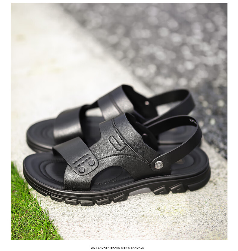 LAORENTOU Men's Beach Sandals Summer Breathable First Layer Cowhide Massage Sole Slippers Outdoor Casual Shoes LT12031 Black Size 40 2