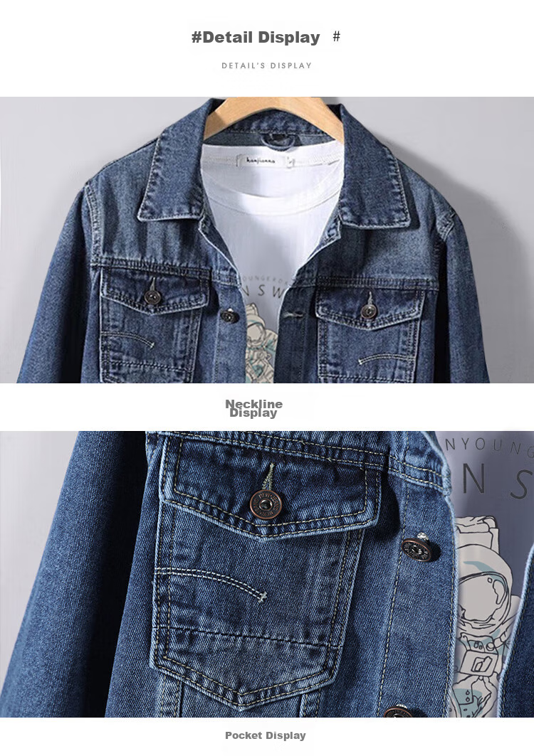 Jeanswest Men's Denim Jacket, 2026 Autumn Season, Soft Comfortable Trendy Lapel Jacket, Men's Outerwear, Dark Blue, XL 12