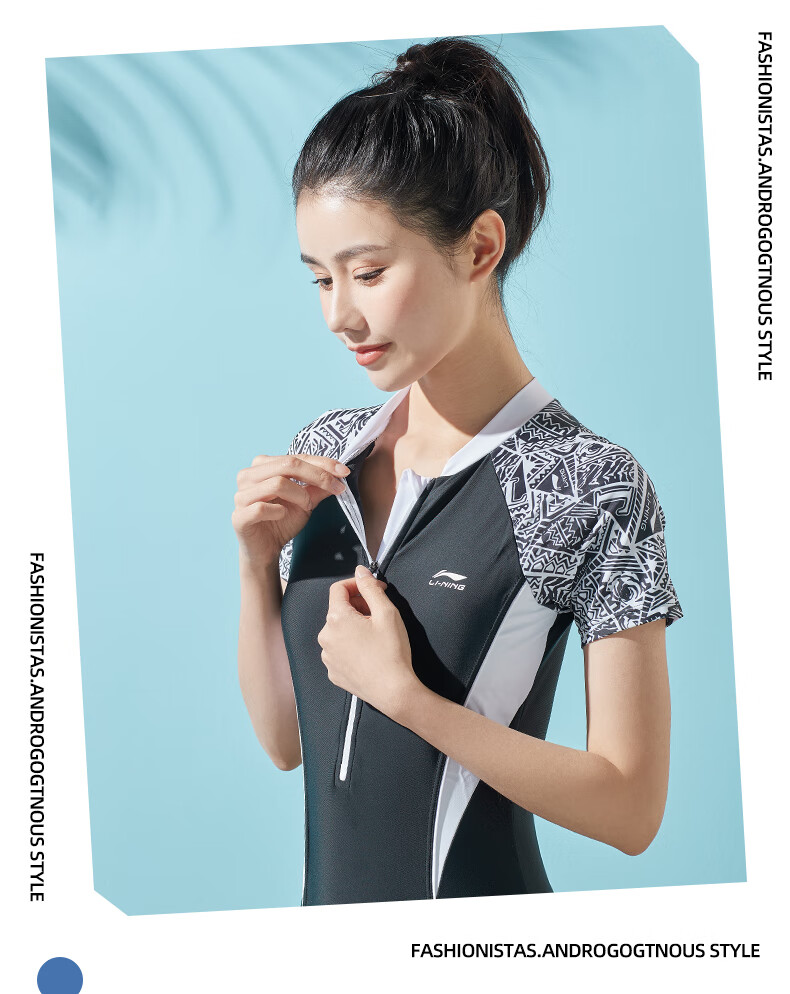 Li-Ning One-Piece Swimsuit for Women, Athletic Boyshort Swimwear, Conservative Slimming Comfortable High-Elastic Hot Spring Swimwear 023 Black And White M 15
