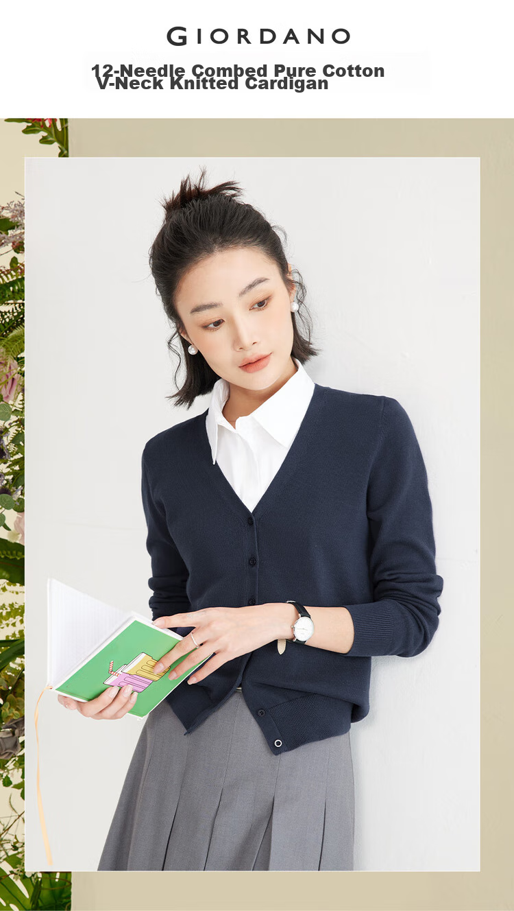 Giordano Knitted Cardigan for Women, Cotton V-Neck Sweater, Women's Outerwear, Solid Color Women's Jacket 05350649 3