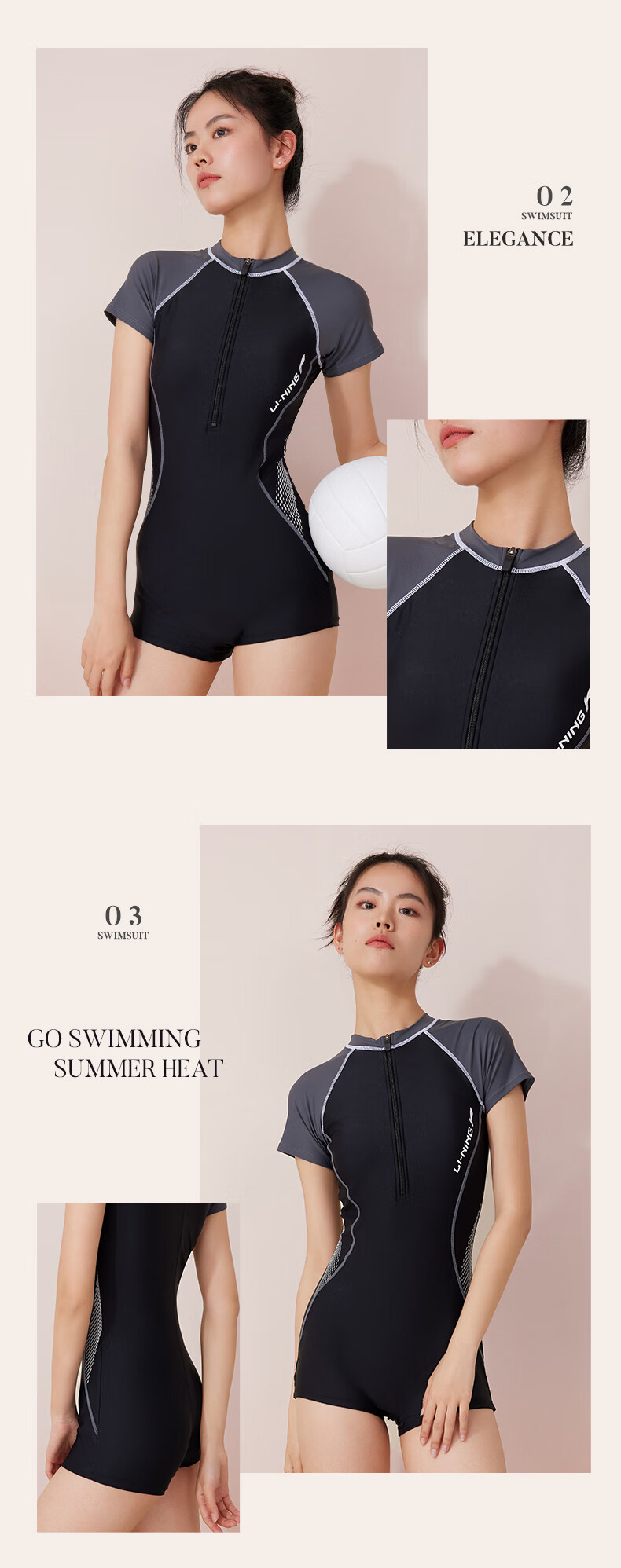 Li-Ning Women's Professional One-Piece Boyleg Swimsuit, Short-Sleeve Quick-Dry Conservative Swimwear LNYT035, Black And Gray, XXL 10