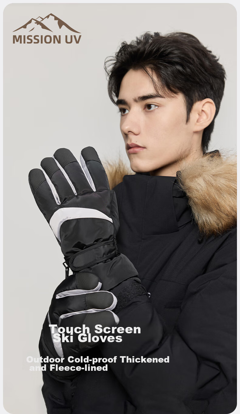 MISSION UV Ski Gloves for Men, Winter Thickened Fleece-Lined Windproof Cold-Resistant Water-Repellent Autumn Winter Cycling Touchscreen Warm Gloves 1