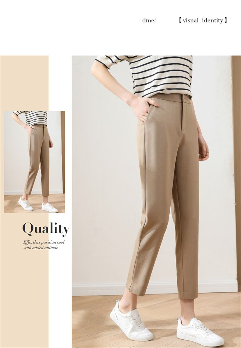 Dme Cropped Pants for Spring And Autumn, New Straight-Leg Suit Pants with Fake Pockets, Casual Trousers for Women, Khaki, S 51