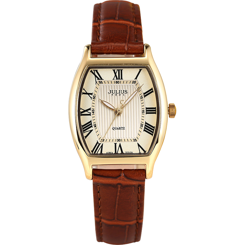 Julius Watch for Women, Barrel-Shaped Vintage Fashion Elegant Quartz Waterproof Student Ladies Watch with Brown Strap And Gold Case JA-703C