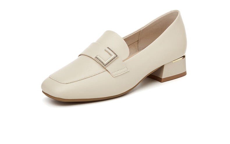 DAPHNE Women's Single Shoes, Retro Square Toe with Buckle Loafers, Chunky Heel Slimming Slip-On Commuter Shoes 4623101007 Beige 39 19