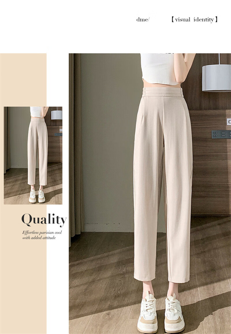 Dme [Commute Thin Nine-Tenths Pants] Summer Slightly Elastic Straight-Leg Elastic Waist Women's Trousers Casual Pants Light Gray S 8