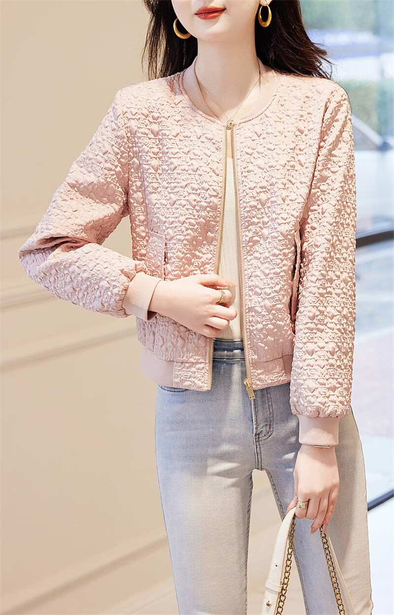 Dme [Outdoor New Fashion] Spring And Autumn Commuter Baseball Collar Lightweight Bubble Texture Stylish Versatile Jacket for Women, Short Style 23