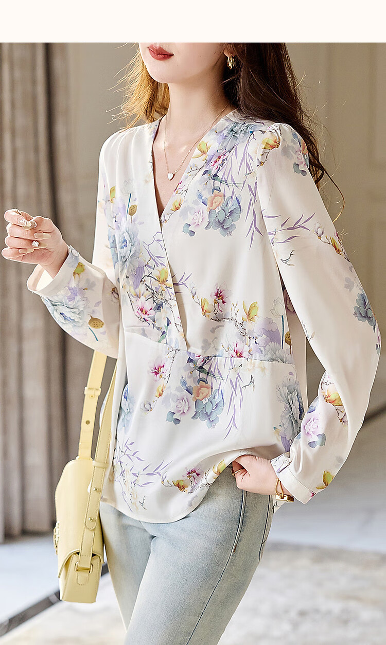 Dme Smooth Shiny Floral Print Women's Shirt, Spring And Autumn New V-Neck Long-Sleeve Blouse, Women's Plant Print Shirt 10