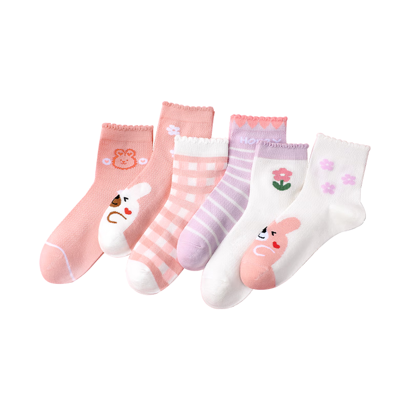 LangSha Children's Socks, Girls' Mesh Cotton Socks, Spring And Summer Thin Mid-Calf Socks for Girls, Students, Small Bear Pattern (6 Pairs)