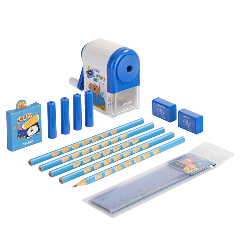 Deli Student Stationery Gift Box Set with Automatic Pencil Sharpener, Pencils, Erasers, Ruler, Children's Reward Learning Supplies, Exam Back-To Stationery, Birthday Gift for Boys And Girls, 13 Pieces