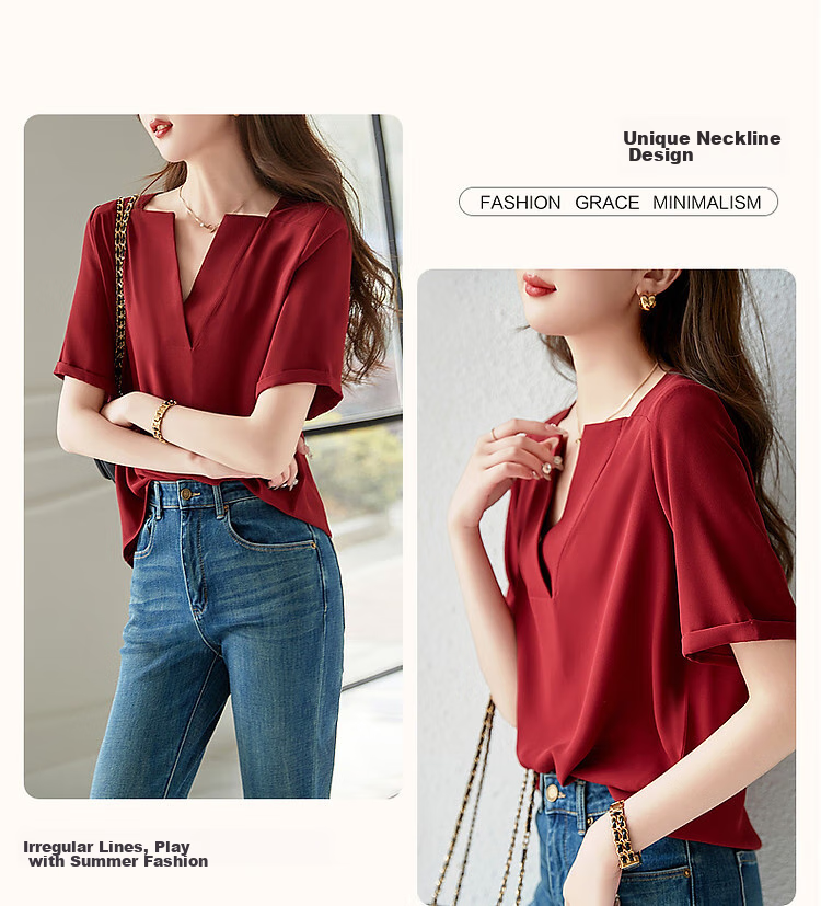 Dme [Work Outfit] Summer New French Elegant V-Neck Shirt, Skin-Friendly Cool Smooth Slimming Blouse, Women's Top 6
