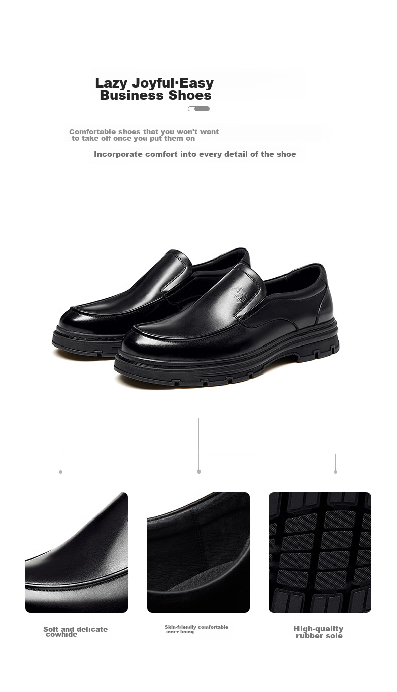 CAMEL Brand Men's Leather Shoes, Business Cowhide Comfortable Soft-Soled Slip-On Wedding Shoes for Men, P13A005030, Black, Size 42 2