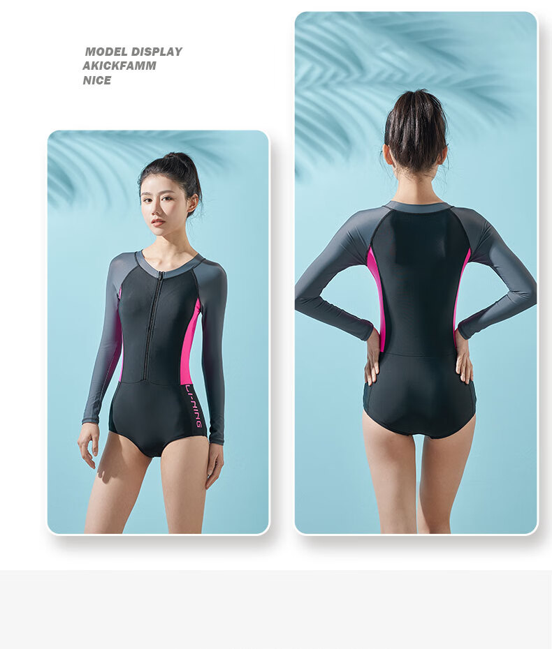 Li-Ning Women's One-Piece Swimsuit, Long Sleeve, Push-Up for Small Chest, Waist-Cinching, Slimming, Vacation Hot Spring Swimwear, 388 Black And Red, 3XL 12