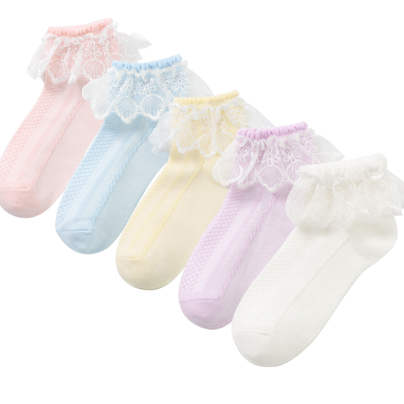 LangSha Children's Socks, Girls' Summer Thin Lace-Trimmed Dance Socks, Cute Versatile Princess Socks, One of Each in Five Colors