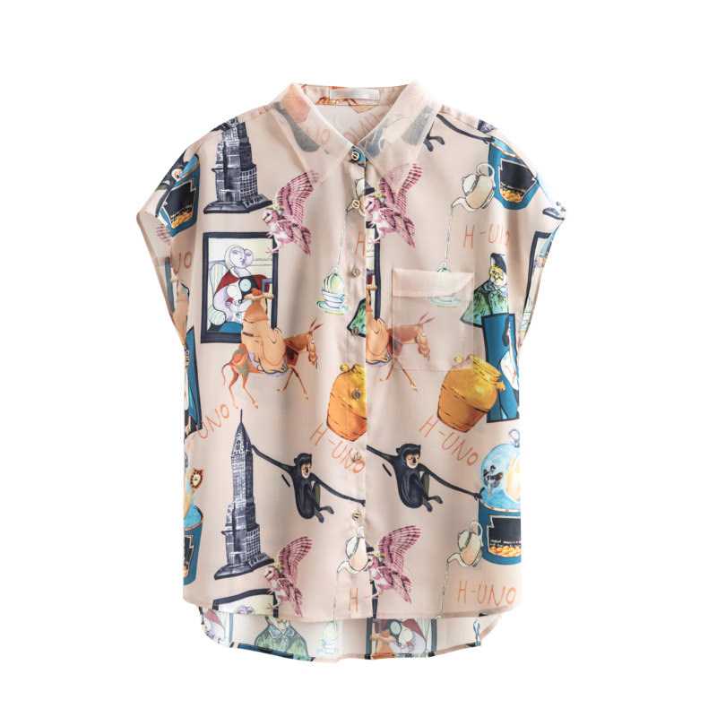 Dme [Abstract Printed And Dyed Blouse], Summer Turndown Collar Pocket Patchwork Organdy Shirt, Women's Top