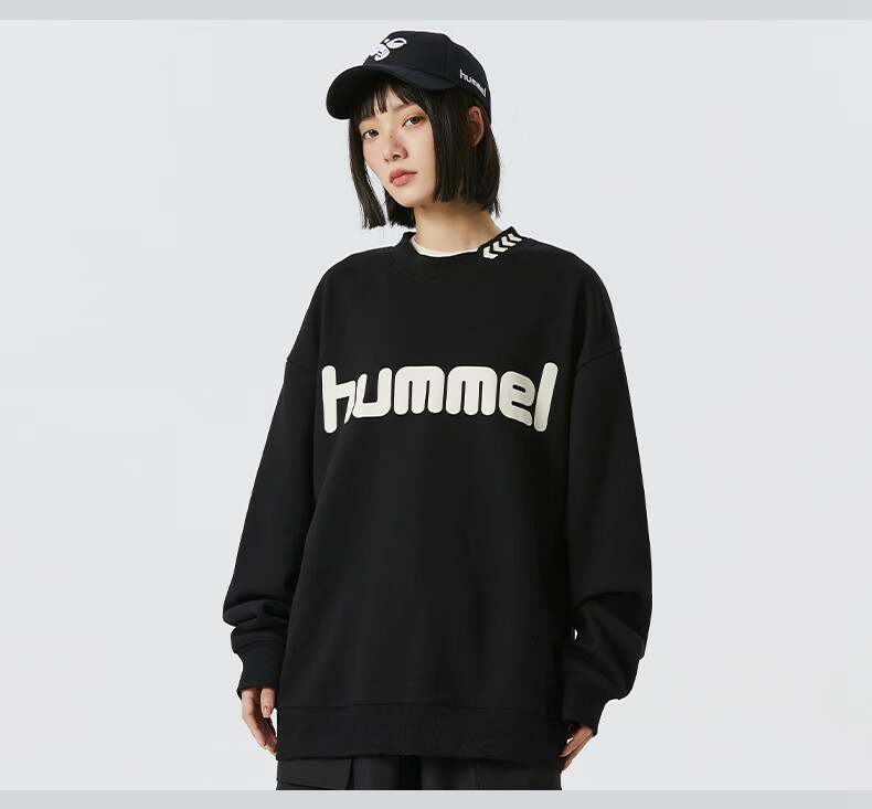 Hummel Spring And Autumn Heavyweight Sweatshirt for Men And Women, Couple Outfit with Embroidery, Loose-Fitting Round Neck Top for Spring, Base Layer, Black, S 12