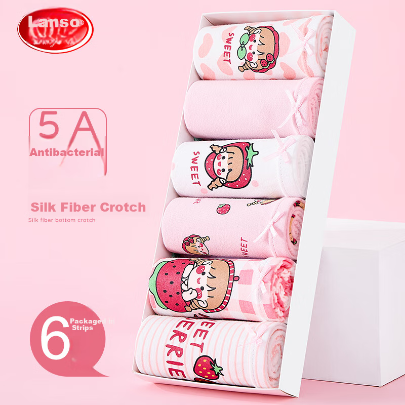 LangSha Children's Underwear, Girls' Panties, Class A Antibacterial Developmental Boxer Briefs, Baby Shorts, 6 Pieces, Strawberry Girl, Size 150