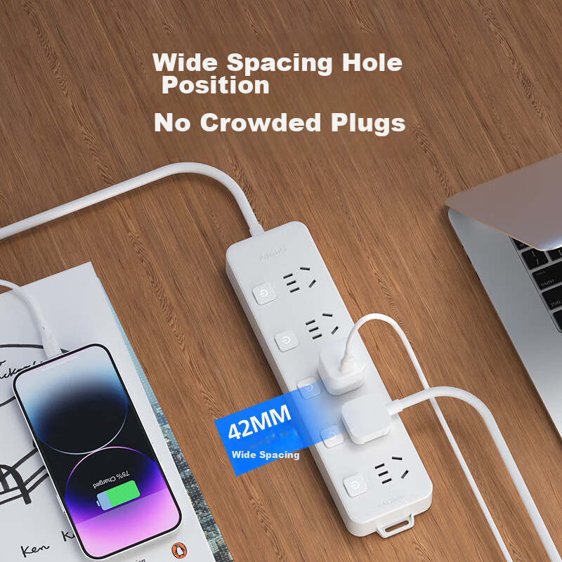 PHILIPS 5-Outlet Independent Switch, 2.8 Meters, Large Hole Spacing, Power Strip/cord Organizer/extension Cord Holder