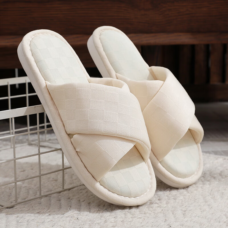 GUOLUOFEI Japanese-Style Wooden Floor Opening Cotton Slippers for Men And Women, Soft Sole Indoor Silent All-Season Slippers, Beige, Size 40/41